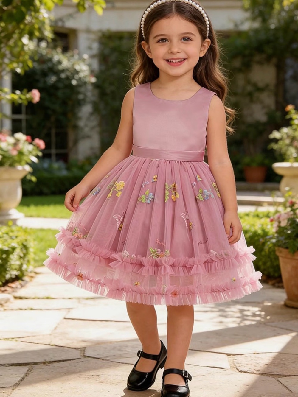 Girls' Pink Floral Tulle Party Dress